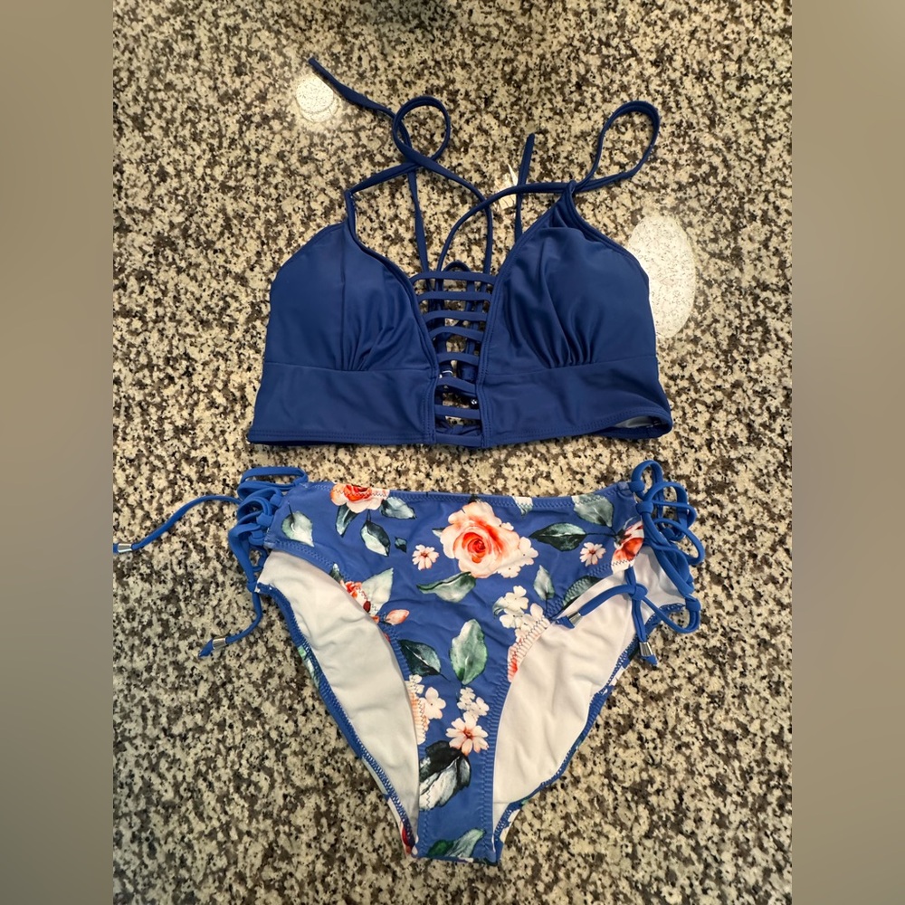 Blue Lace-Up Floral Bikini Set